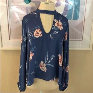 Lush Floral Print High Neck Cut Out Design Key Hole Back Blouse Top